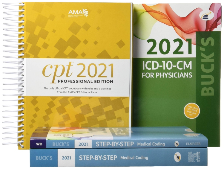 cover image - 2021 Step by Step Medical Coding Textbook, 2021 Workbook for Step by Step Medical Coding Textbook, Buck's 2021 ICD-10-CM Physician Edition, 2021 HCPCS Professional Edition, AMA 2021 CPT Professional Edition Package
